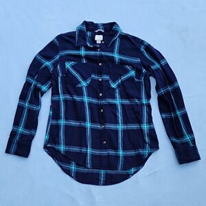 A New Day Women M Navy Blue Teal Plaid Button Down Flannel Shirt High Low Y2k
